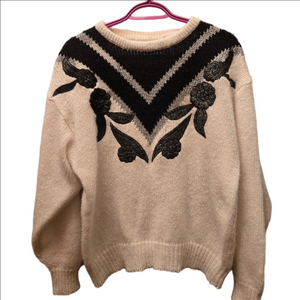 Vintage Beaded Floral Knit Sweater | Black & Cream Glam Chalet Knit M/L